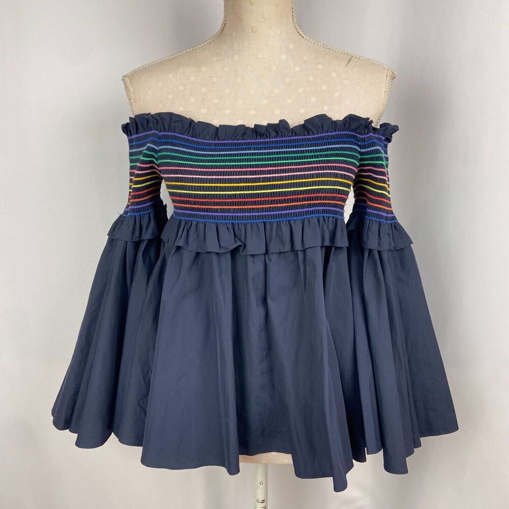 Petersyn Ruffled Blouse Off the Shoulder Top Size XS Navy Blue Rainbow Stripe